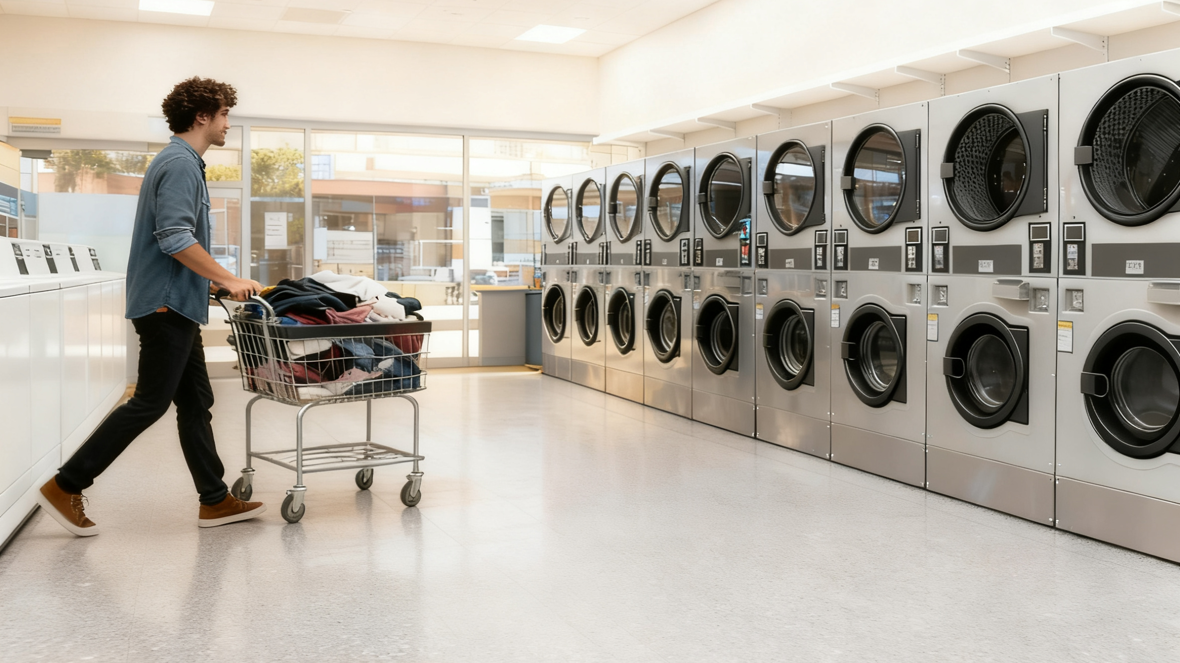 Self-service laundromat with BLCC coin and QR operated stack washer dryer machines
