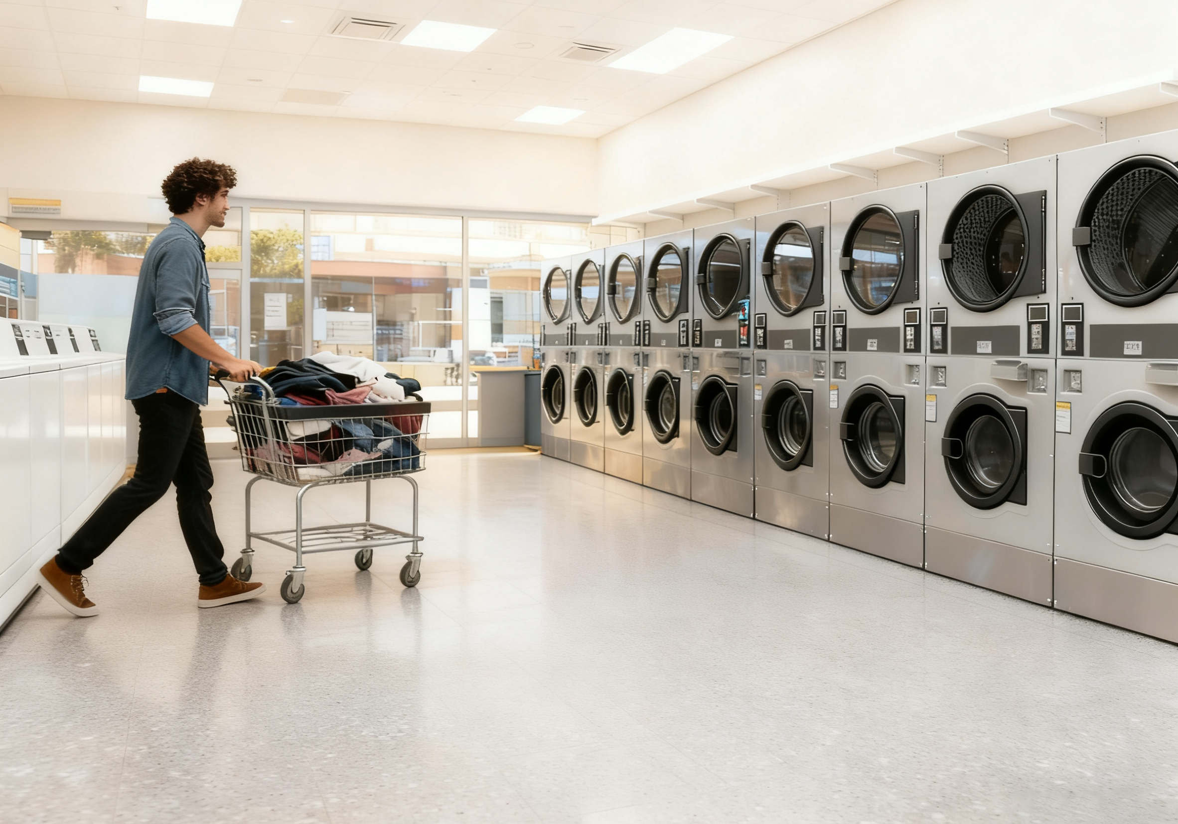 Self-service laundromat with BLCC coin and QR operated stack washer dryer machines