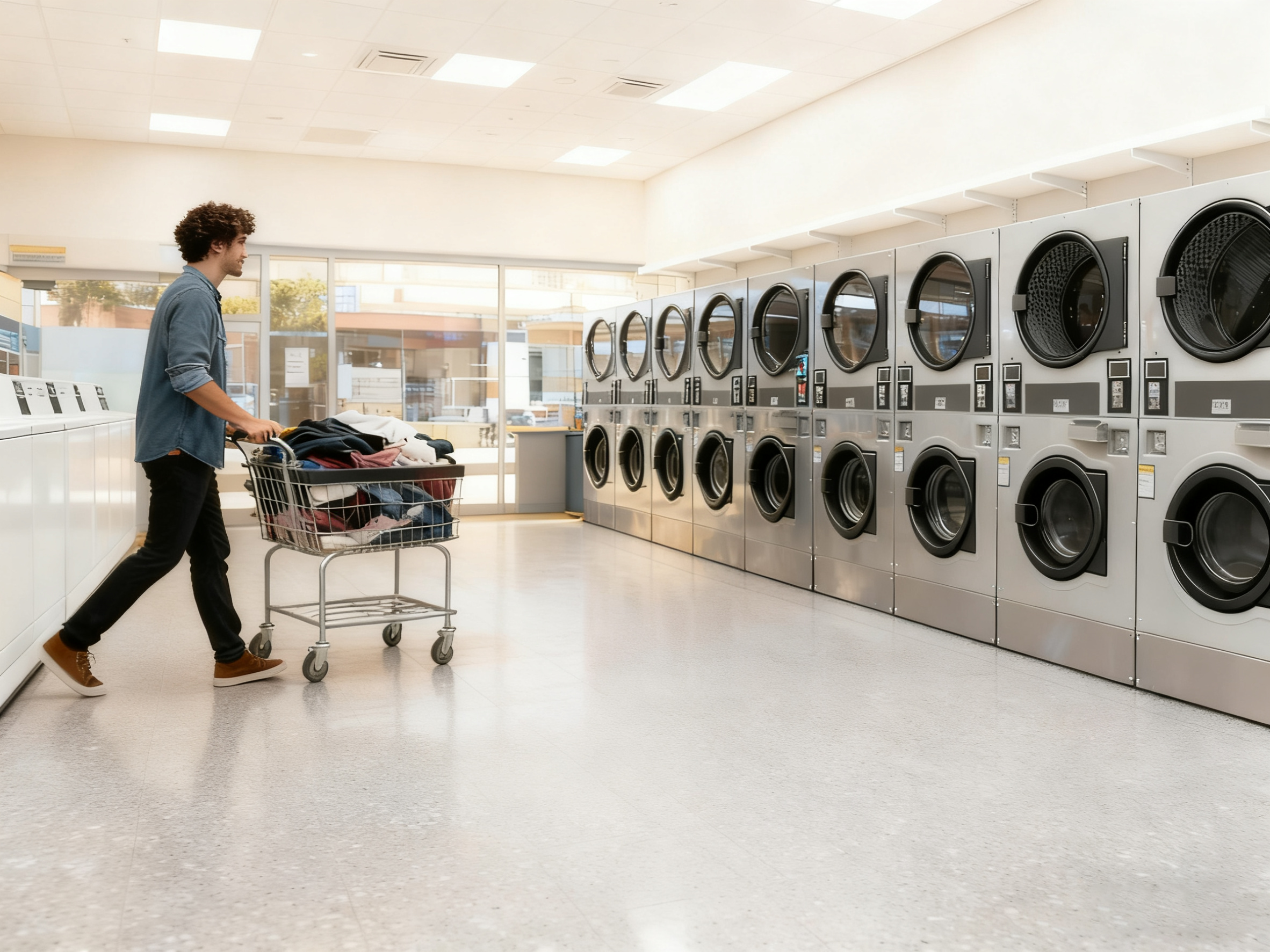 Self-service laundromat with BLCC coin and QR operated stack washer dryer machines